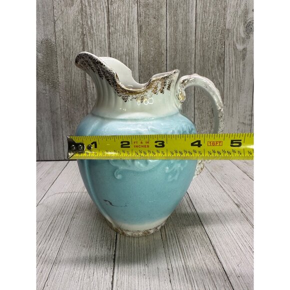 W.H Grindley & Co England Antique Pitcher Porcelain Blue White Gold 7" Tall - Picture 8 of 11